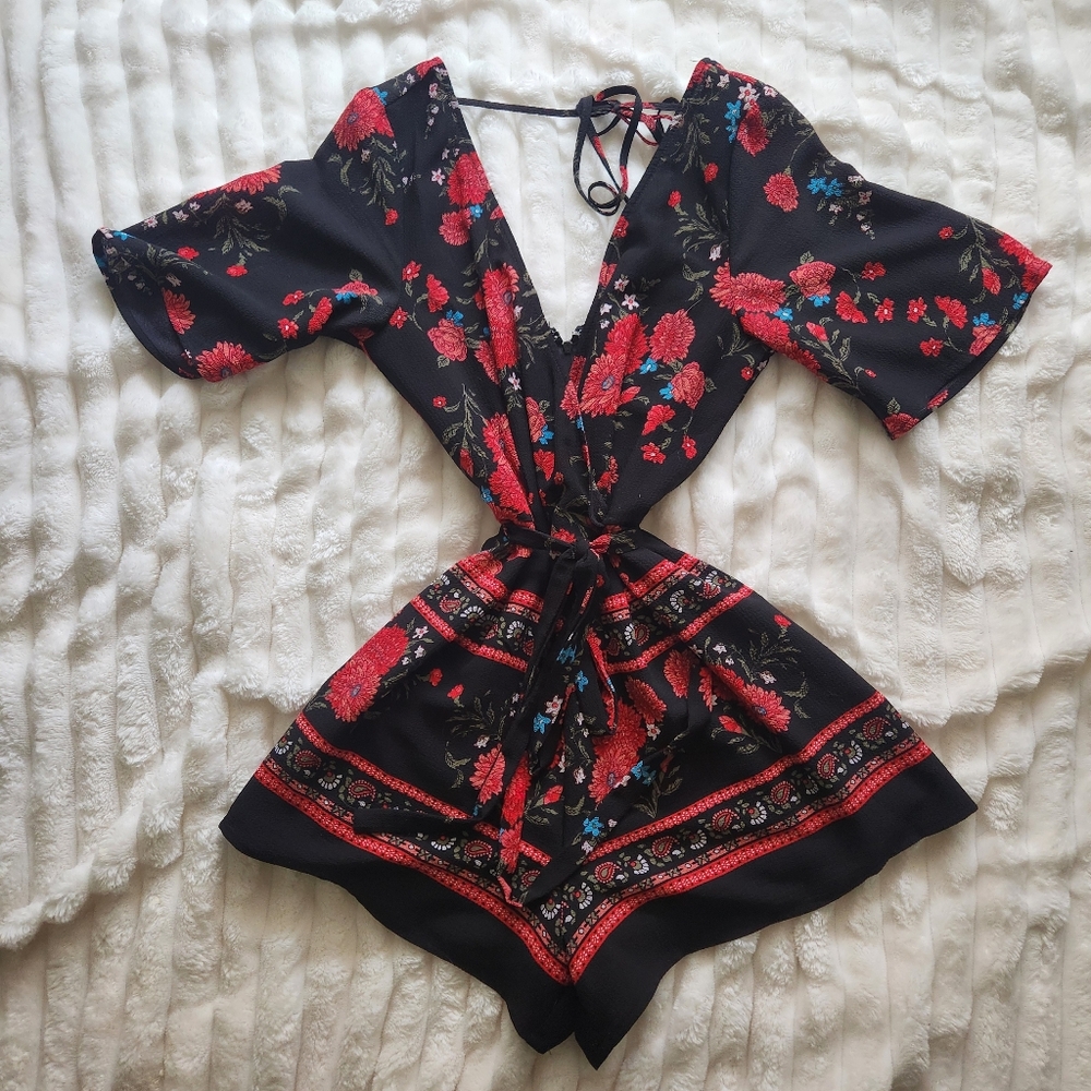 Floral Black and Red Romper Dress